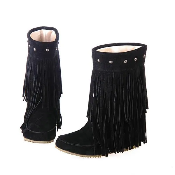 Women's Casual Retro Studded Tassel Flat Mid-calf Boots 39262121S