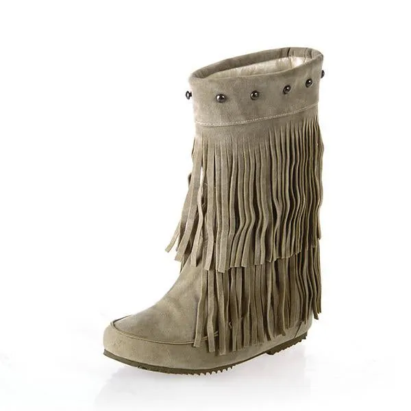 Women's Casual Retro Studded Tassel Flat Mid-calf Boots 39262121S