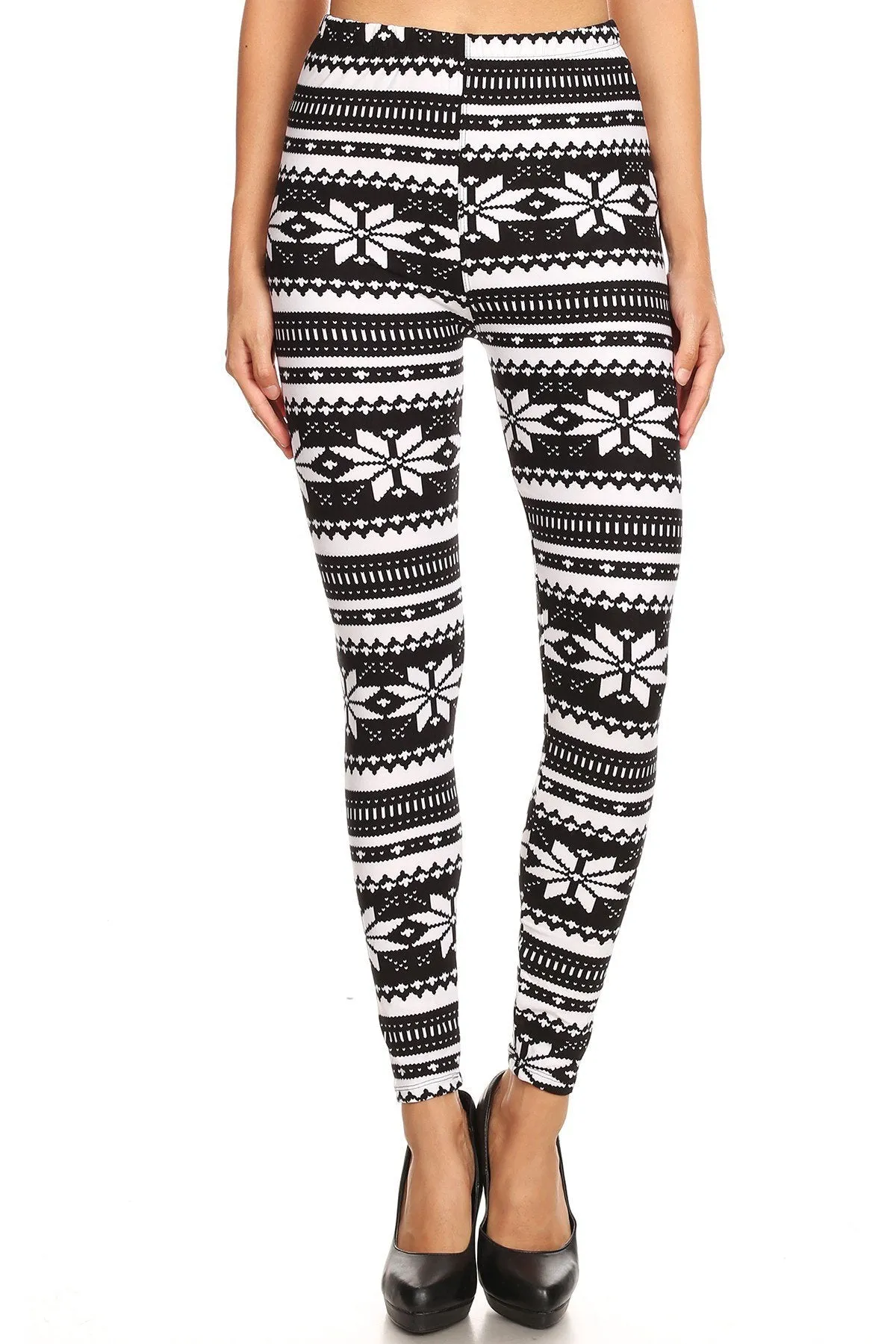 Women's Plus B&W Big Petal Fair Isle Pattern Printed Leggings