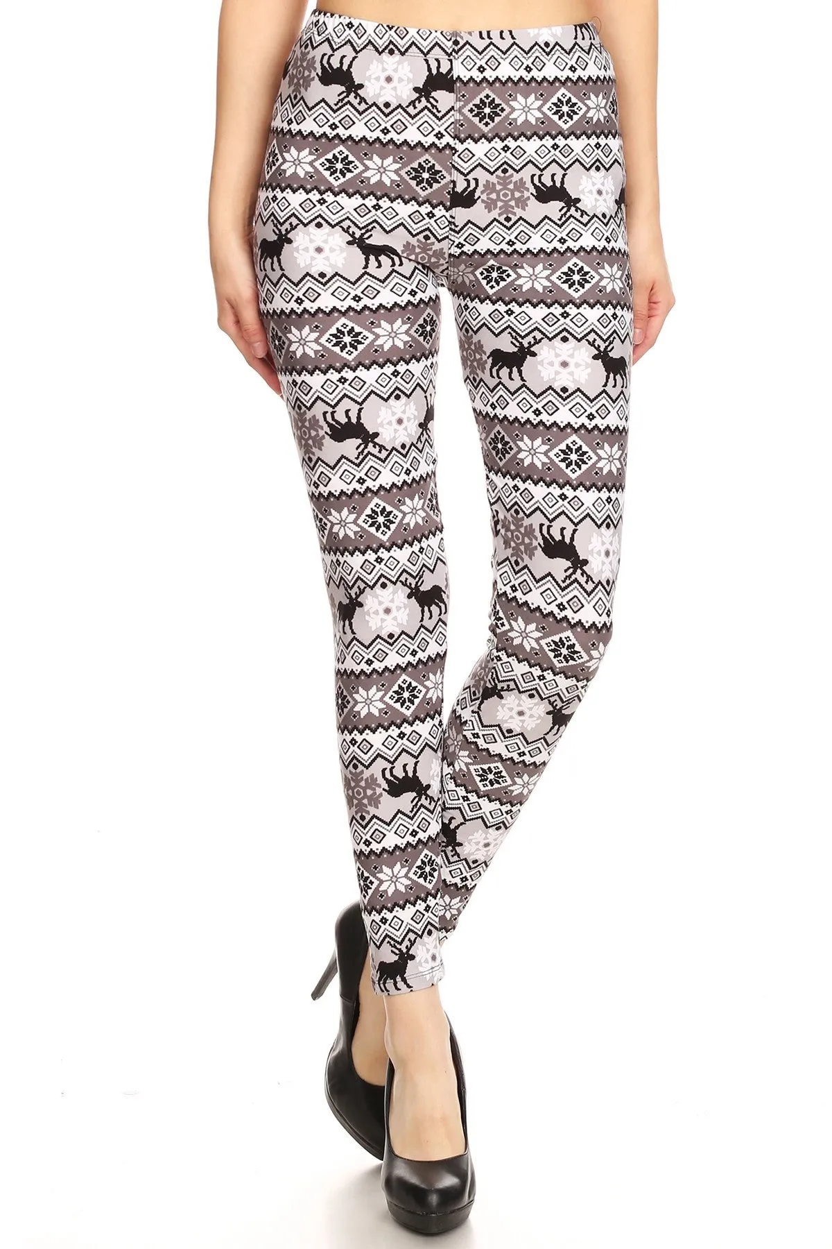 Women's Plus B&W Reindeer Fair Isle Pattern Printed Leggings