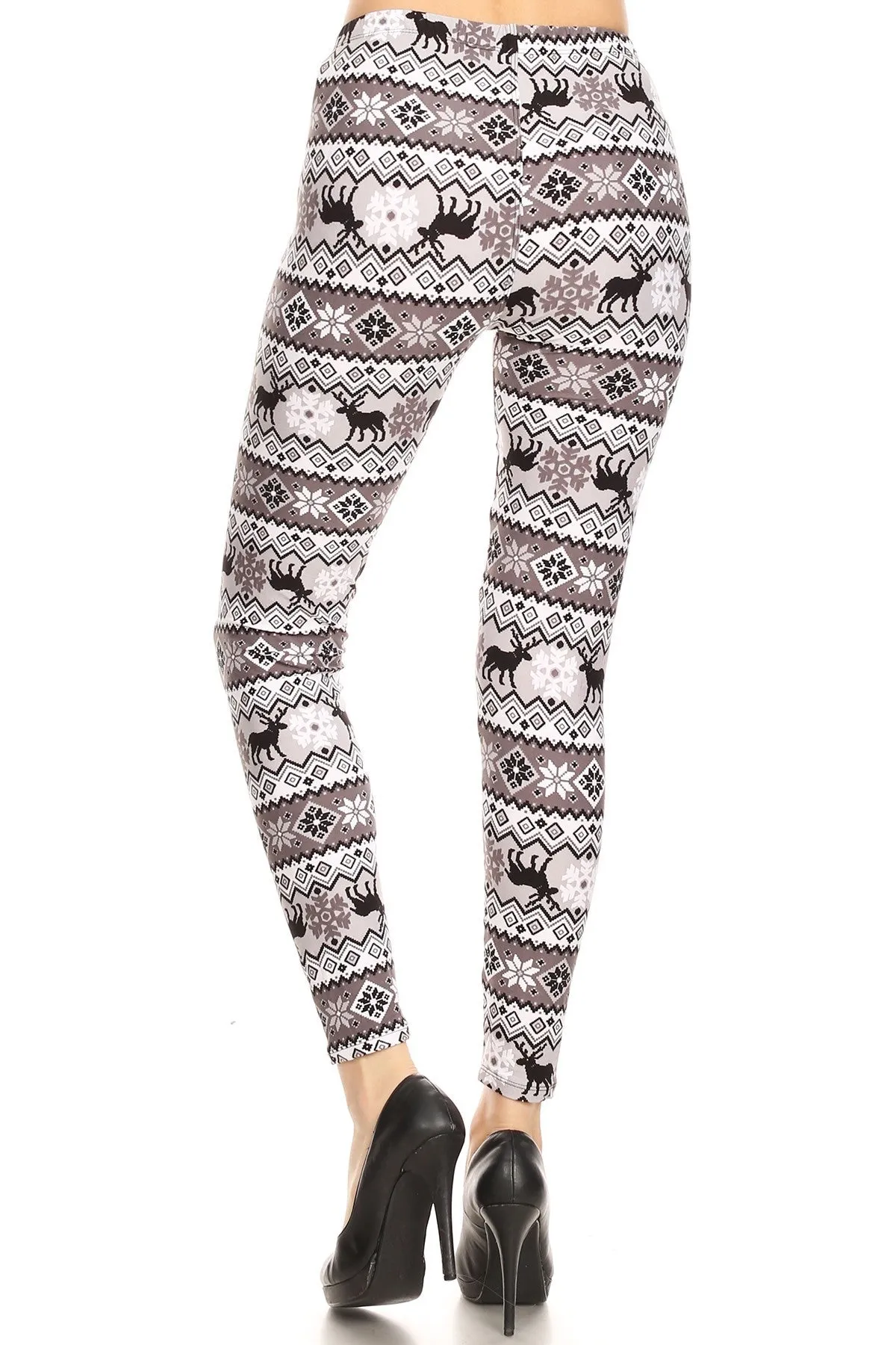 Women's Plus B&W Reindeer Fair Isle Pattern Printed Leggings