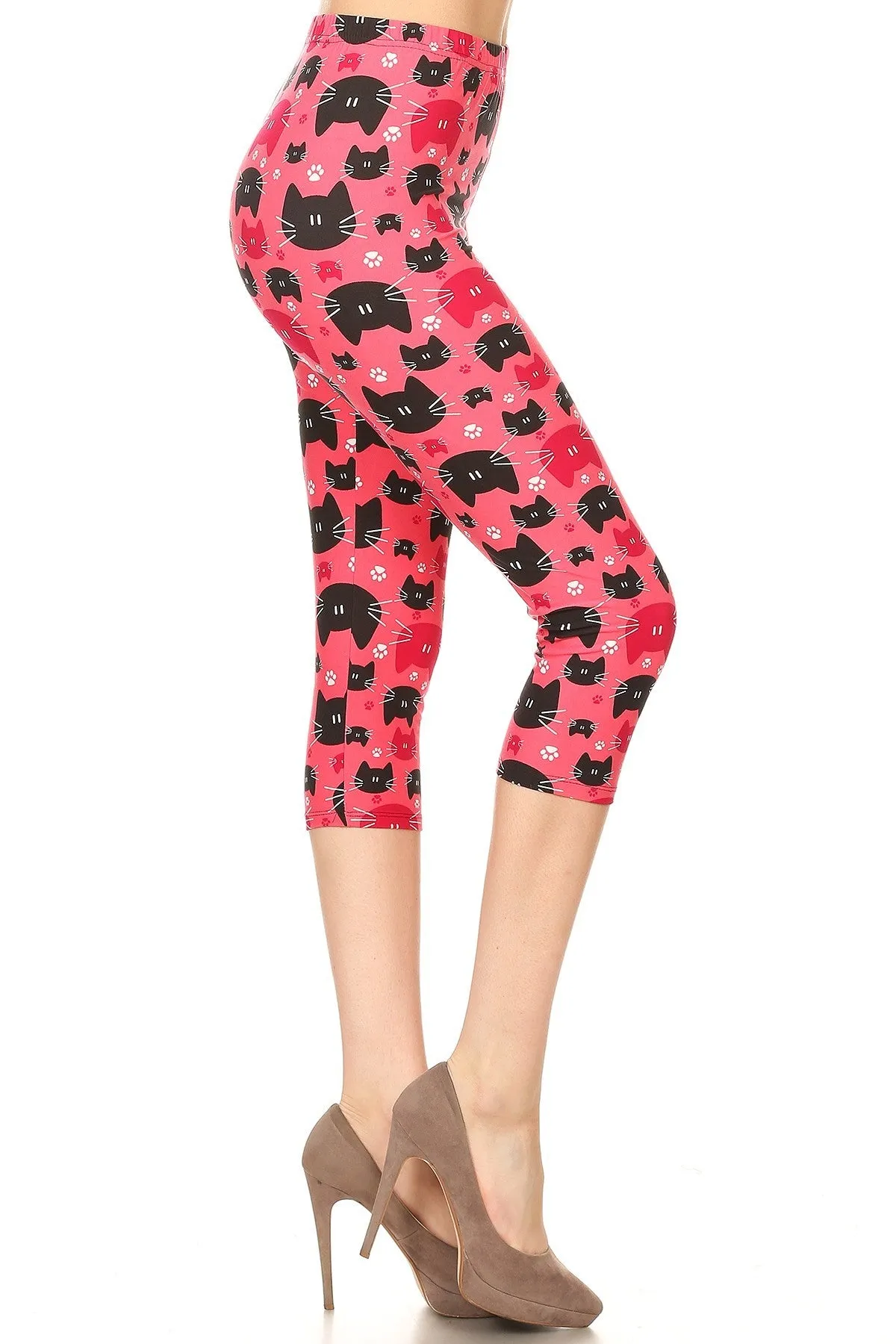 Women's Plus colorful Cat Faces Animal Printed Cropped Capri Leggings