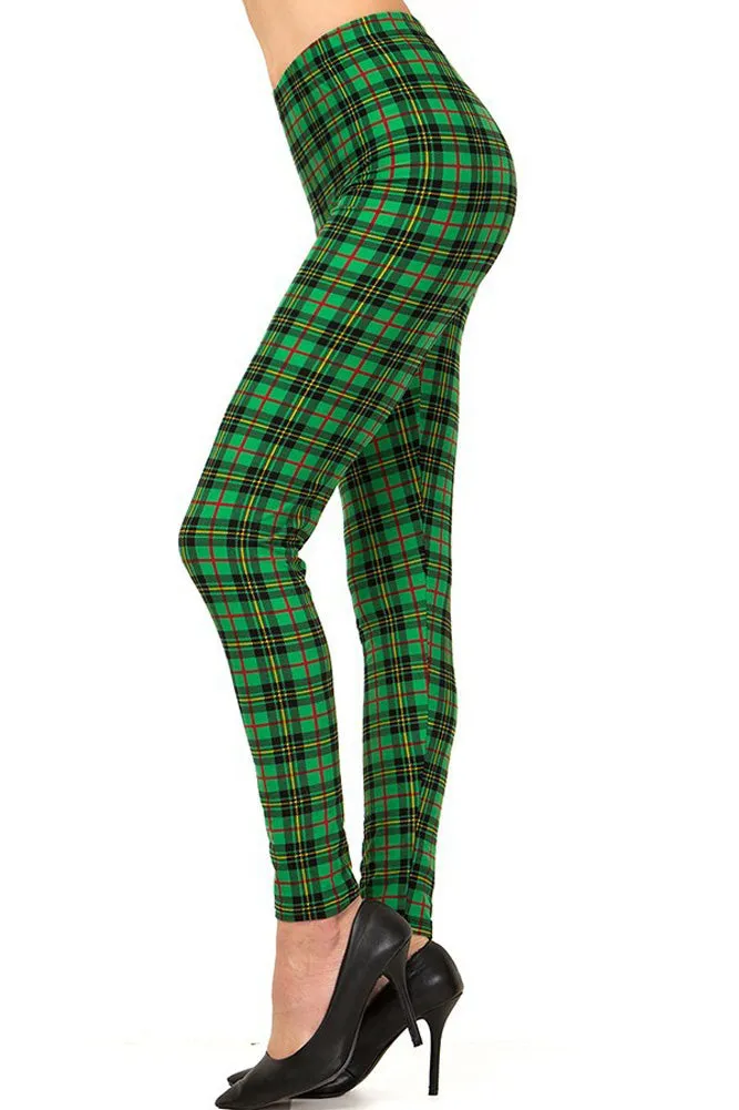 Women's Plus Holiday Green Wine Plaid Pattern Printed Leggings