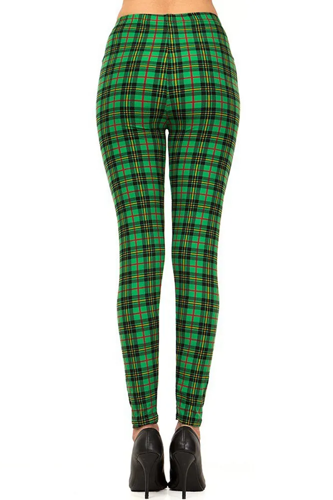 Women's Plus Holiday Green Wine Plaid Pattern Printed Leggings