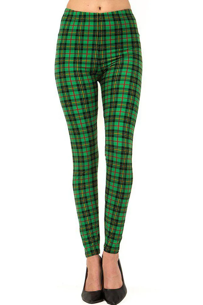 Women's Plus Holiday Green Wine Plaid Pattern Printed Leggings